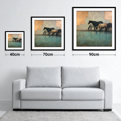 Gilded Equine Reflections - size guide showing 40cm, 70cm and 90cm art prints