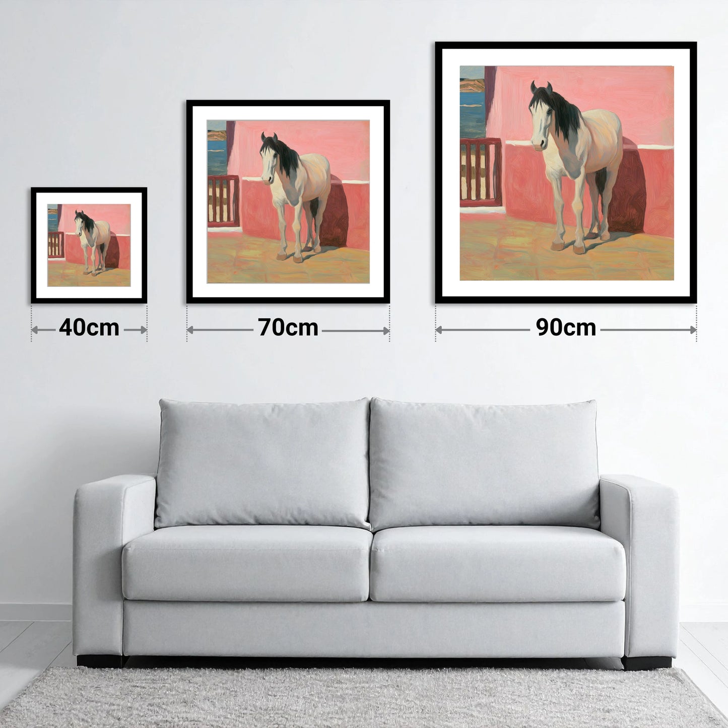 Coastal Courtyard Grey - size guide showing 40cm, 70cm and 90cm art prints