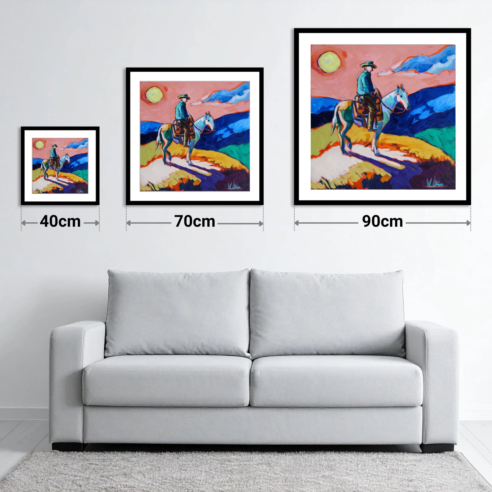Technicolour Trail Rider - size guide showing 40cm, 70cm and 90cm art prints