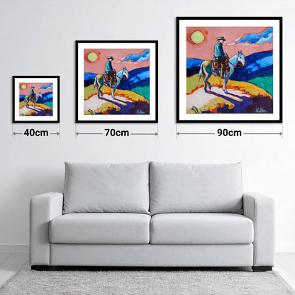Technicolour Trail Rider - size guide showing 40cm, 70cm and 90cm art prints