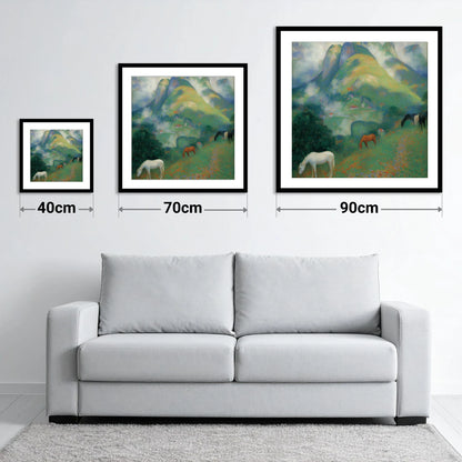 Luminous Alpine Valley - size guide showing 40cm, 70cm and 90cm art prints