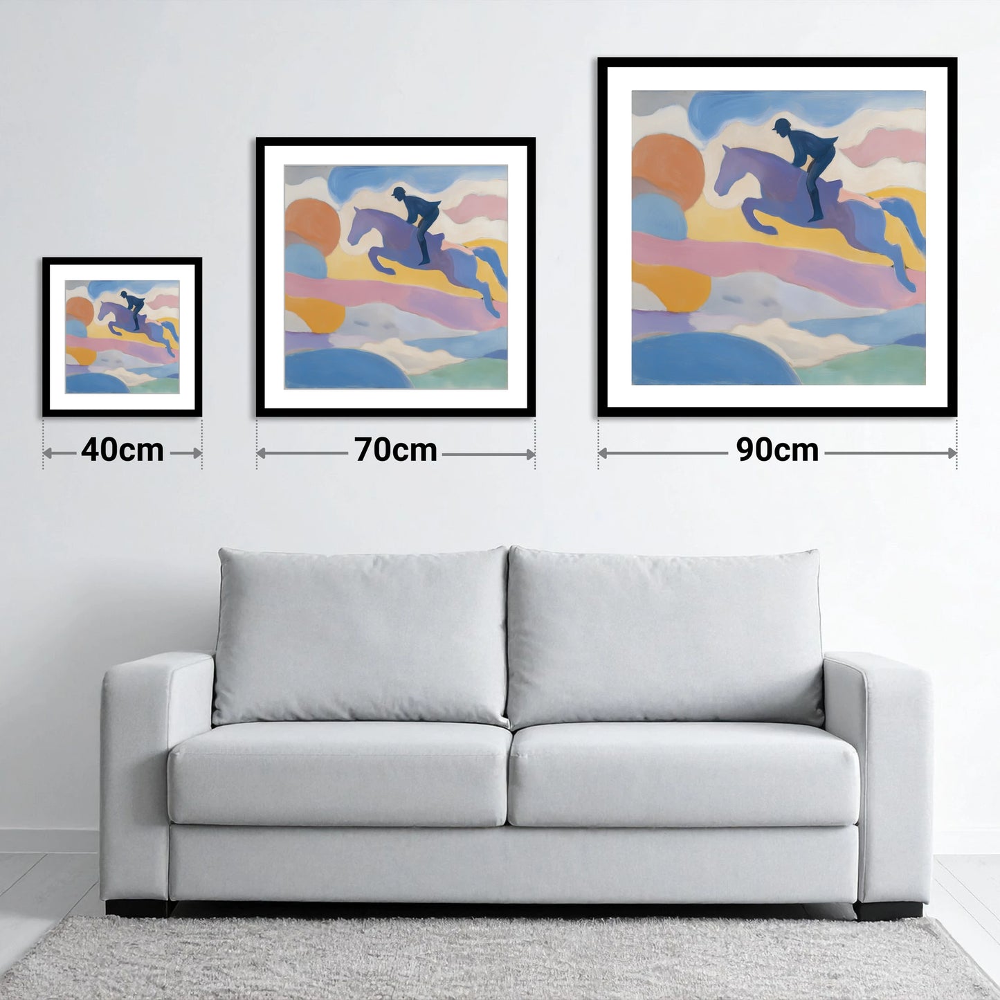Pastel Flight - size guide showing 40cm, 70cm and 90cm art prints