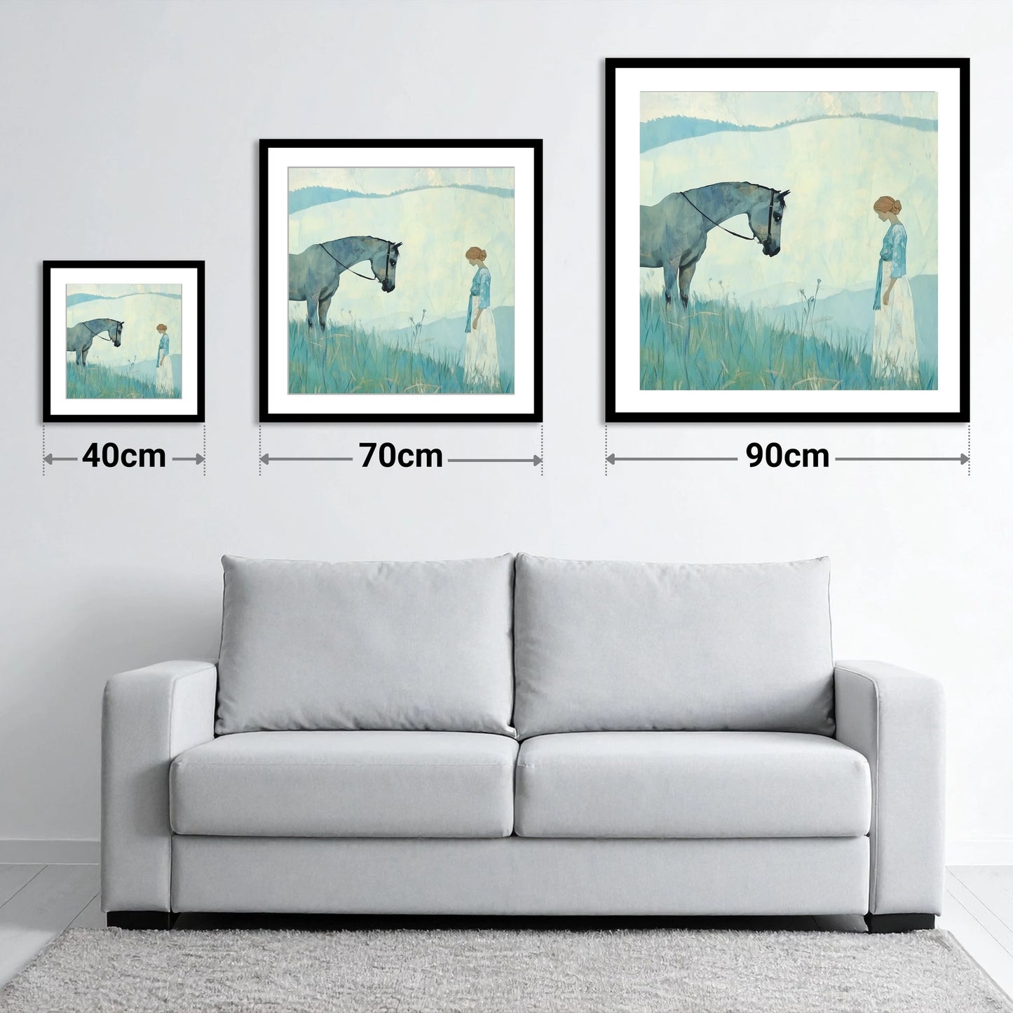 Gentle Regard - size guide showing 40cm, 70cm and 90cm art prints