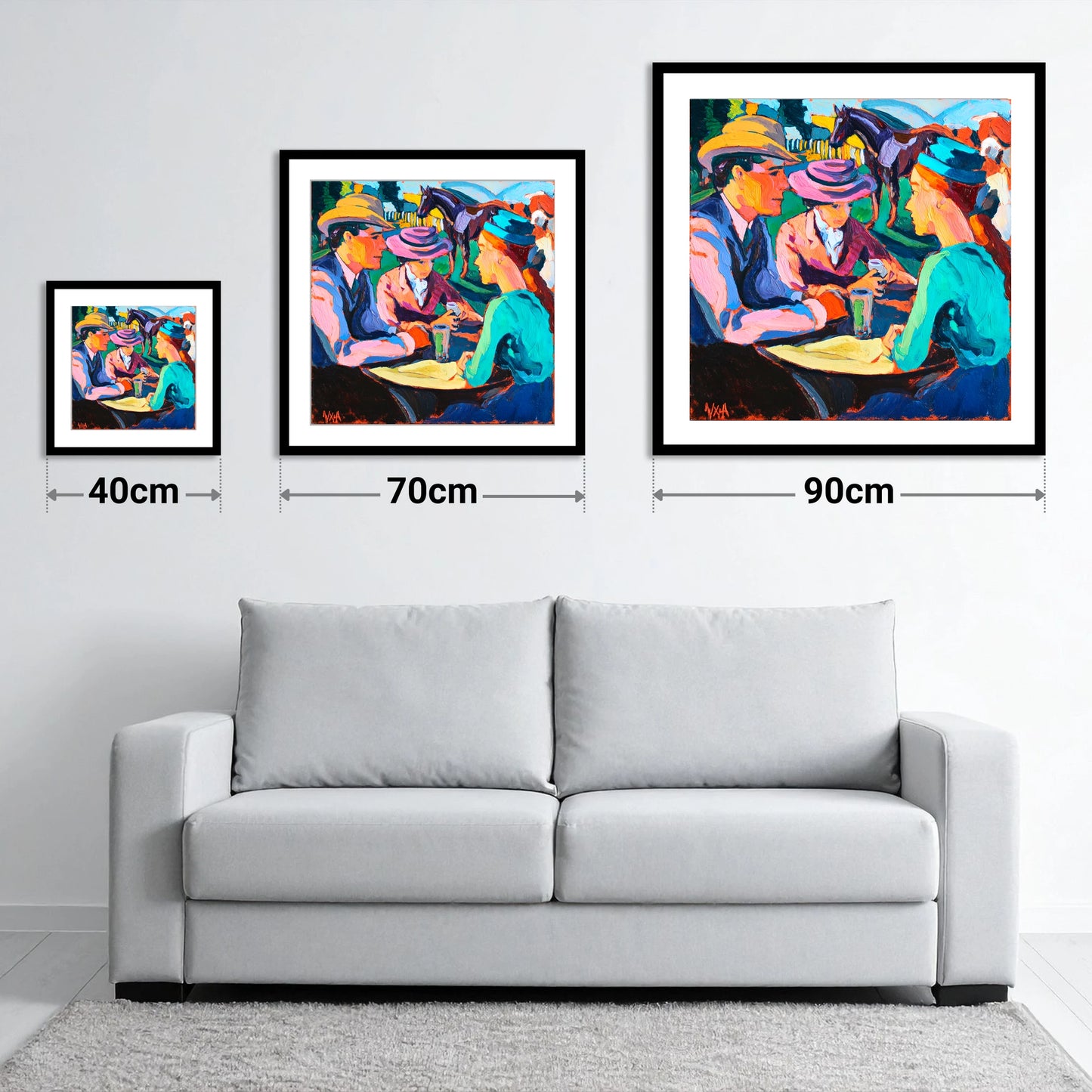 Paddock Society - size guide showing 40cm, 70cm and 90cm art prints