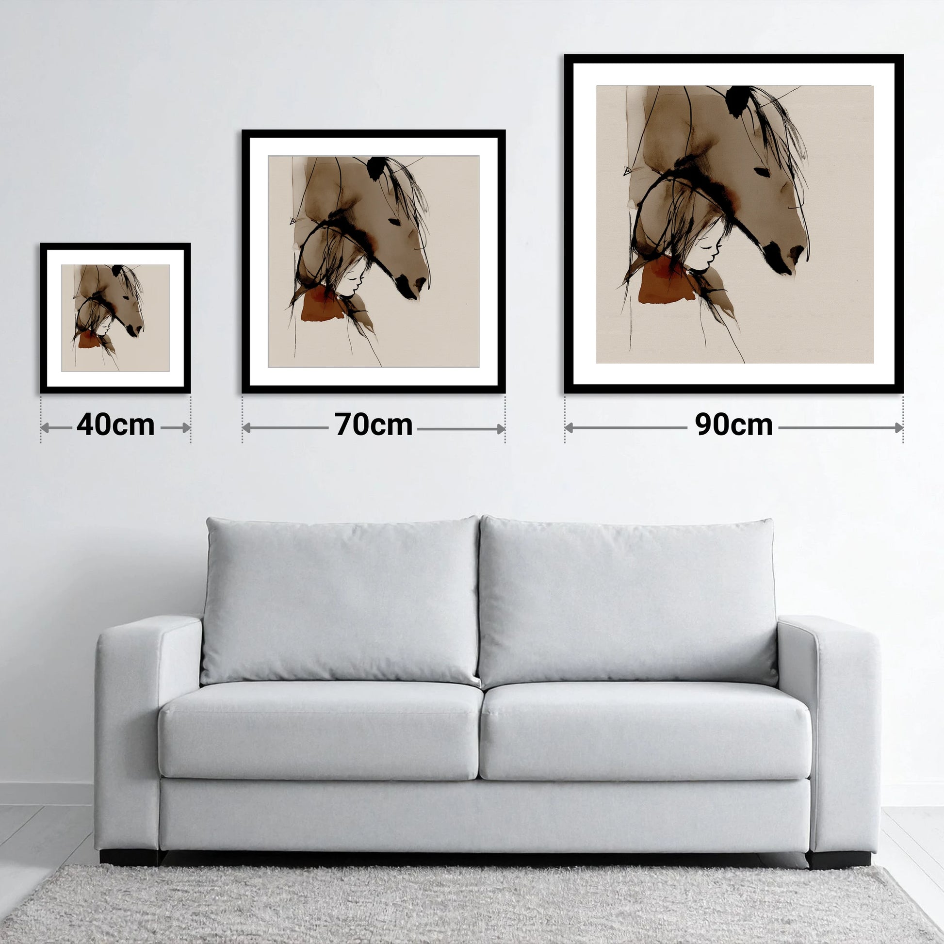 The Quiet Bond - size guide showing 40cm, 70cm and 90cm art prints