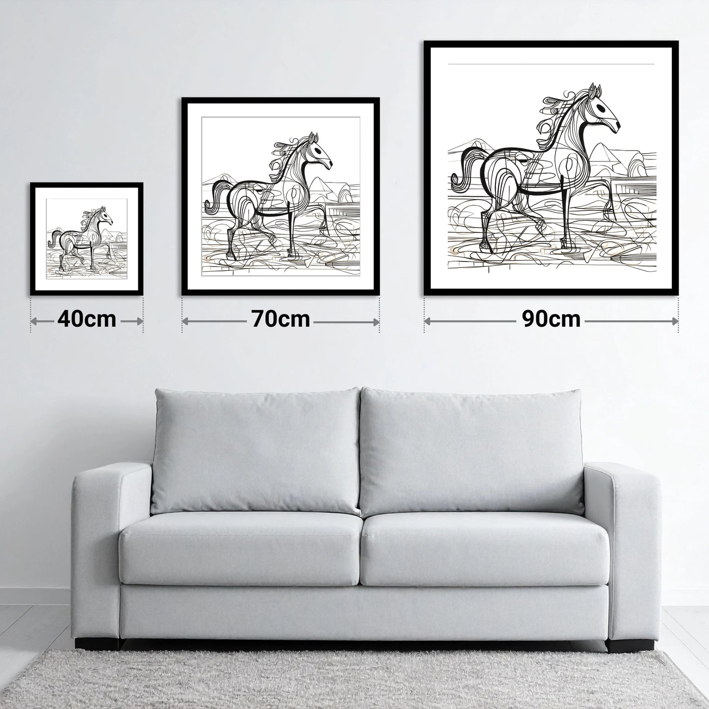 Coastline Contours - size guide showing 40cm, 70cm and 90cm art prints