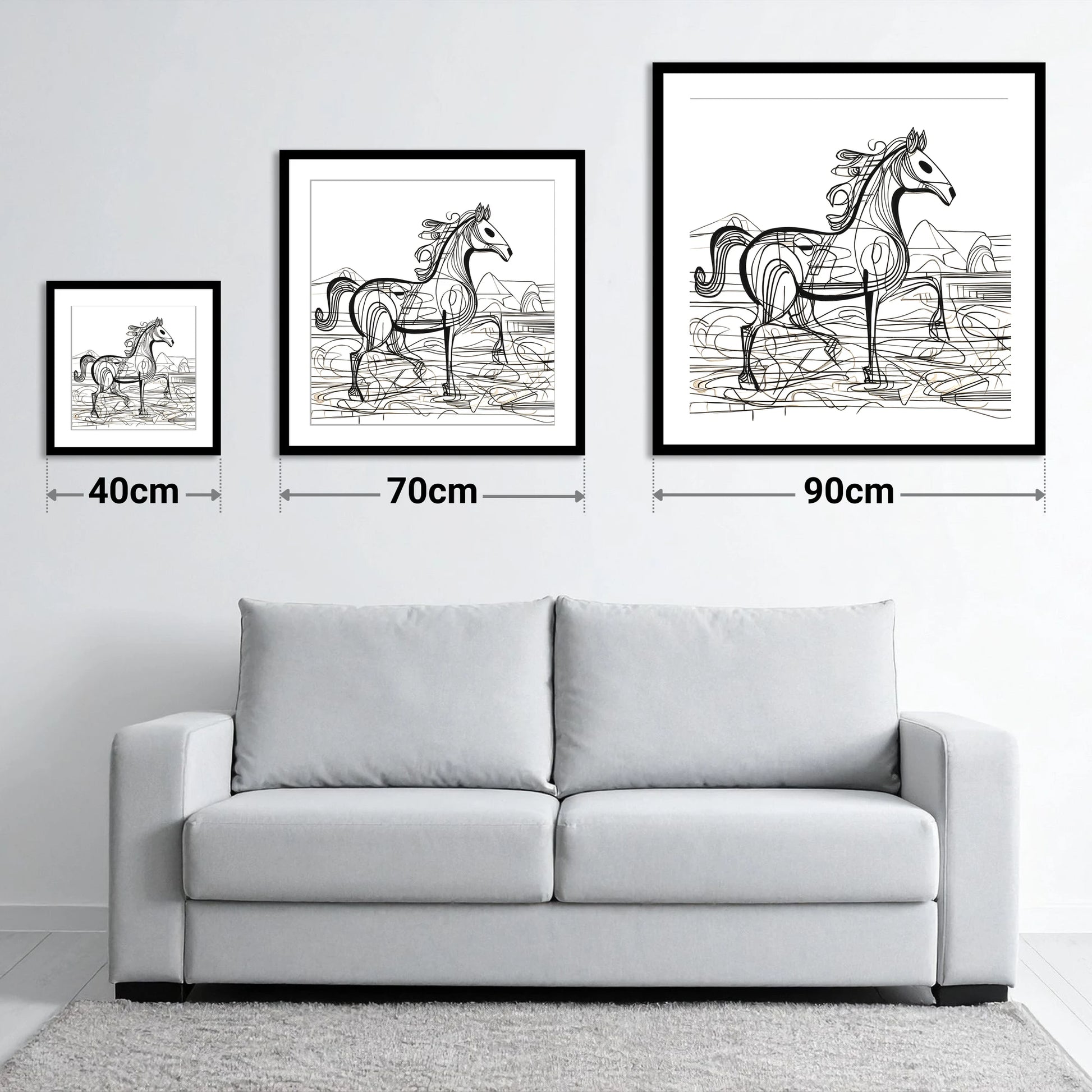 Coastline Contours - size guide showing 40cm, 70cm and 90cm art prints
