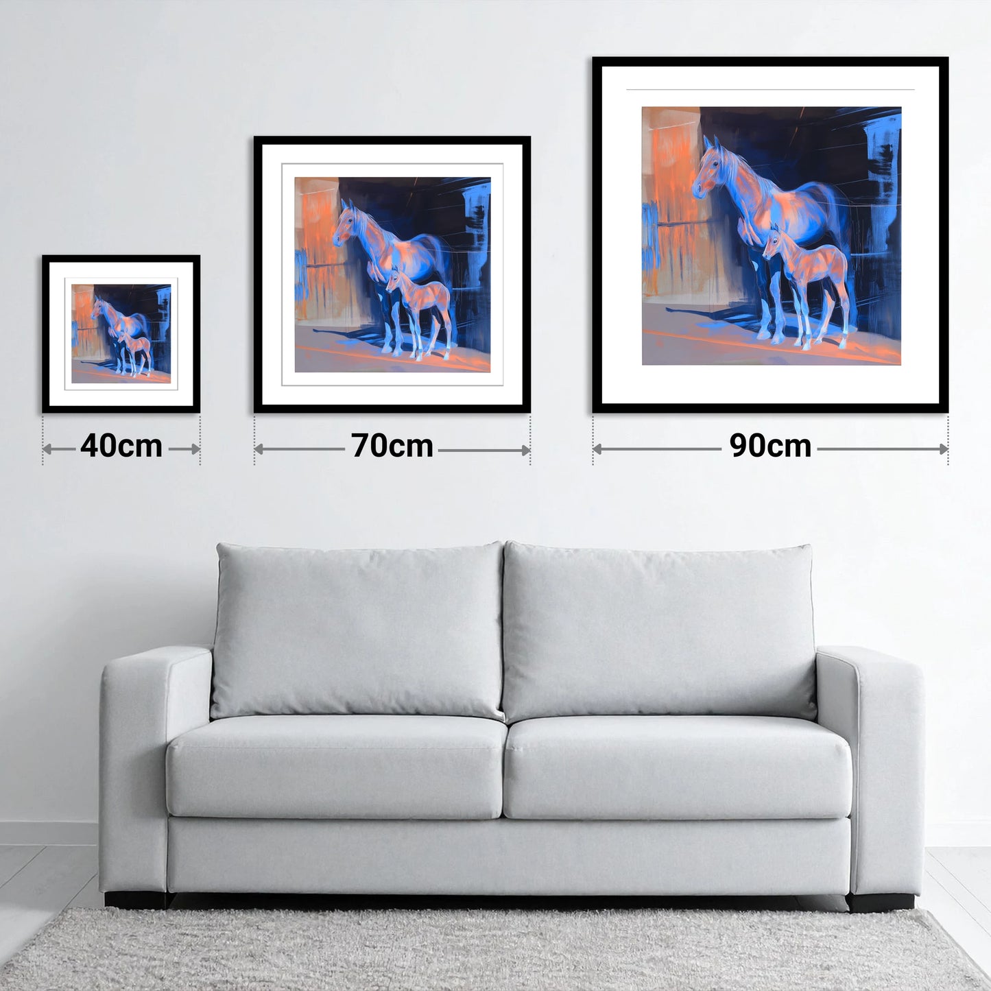 Luminous Mare And Foal - size guide showing 40cm, 70cm and 90cm art prints