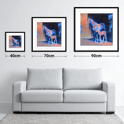 Luminous Mare And Foal - size guide showing 40cm, 70cm and 90cm art prints
