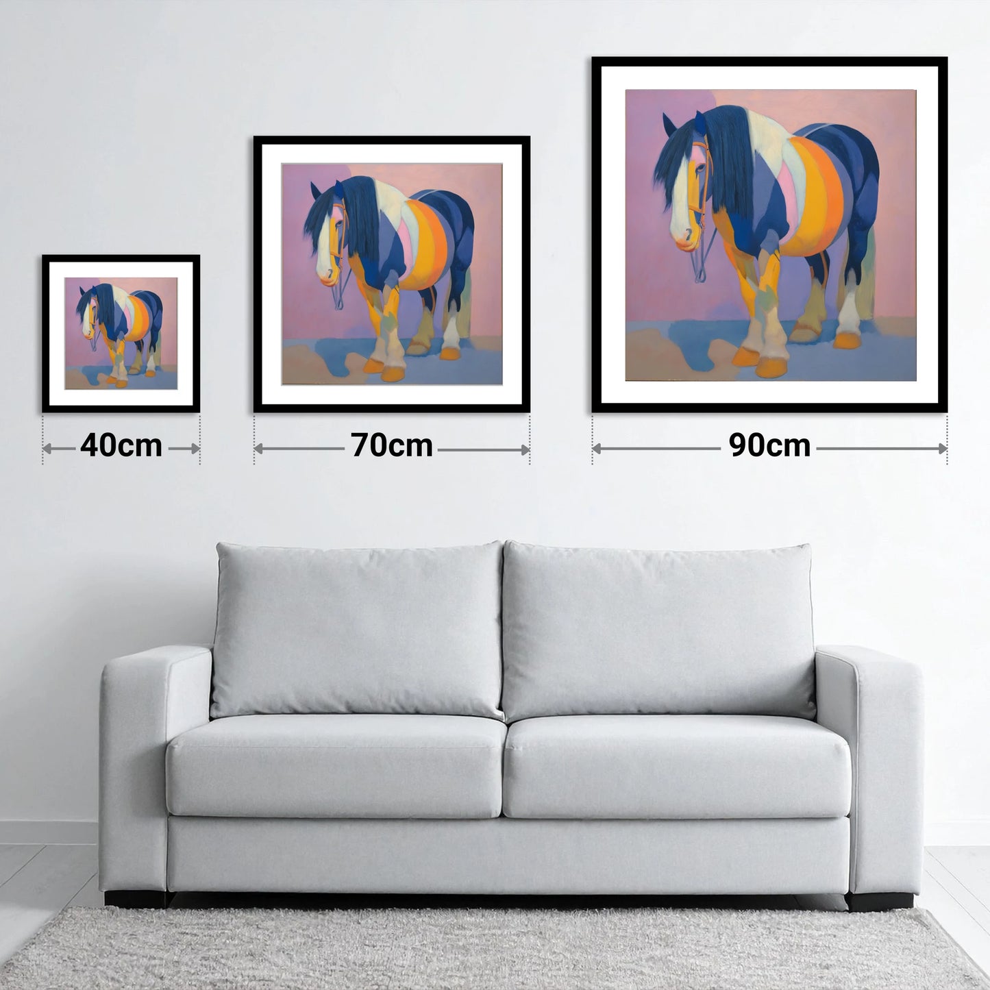 Vibrant Indigo Cob - size guide showing 40cm, 70cm and 90cm art prints