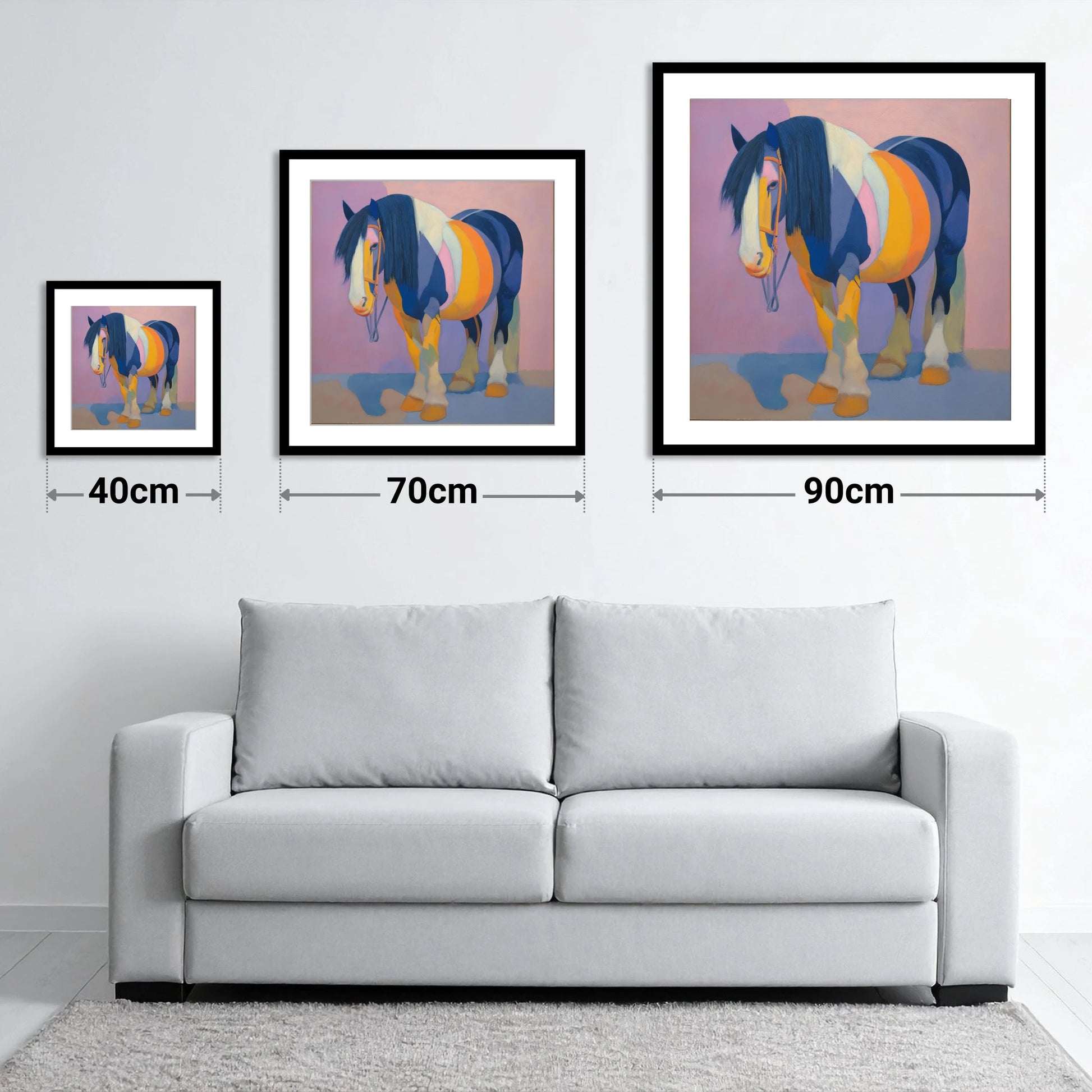 Vibrant Indigo Cob - size guide showing 40cm, 70cm and 90cm art prints