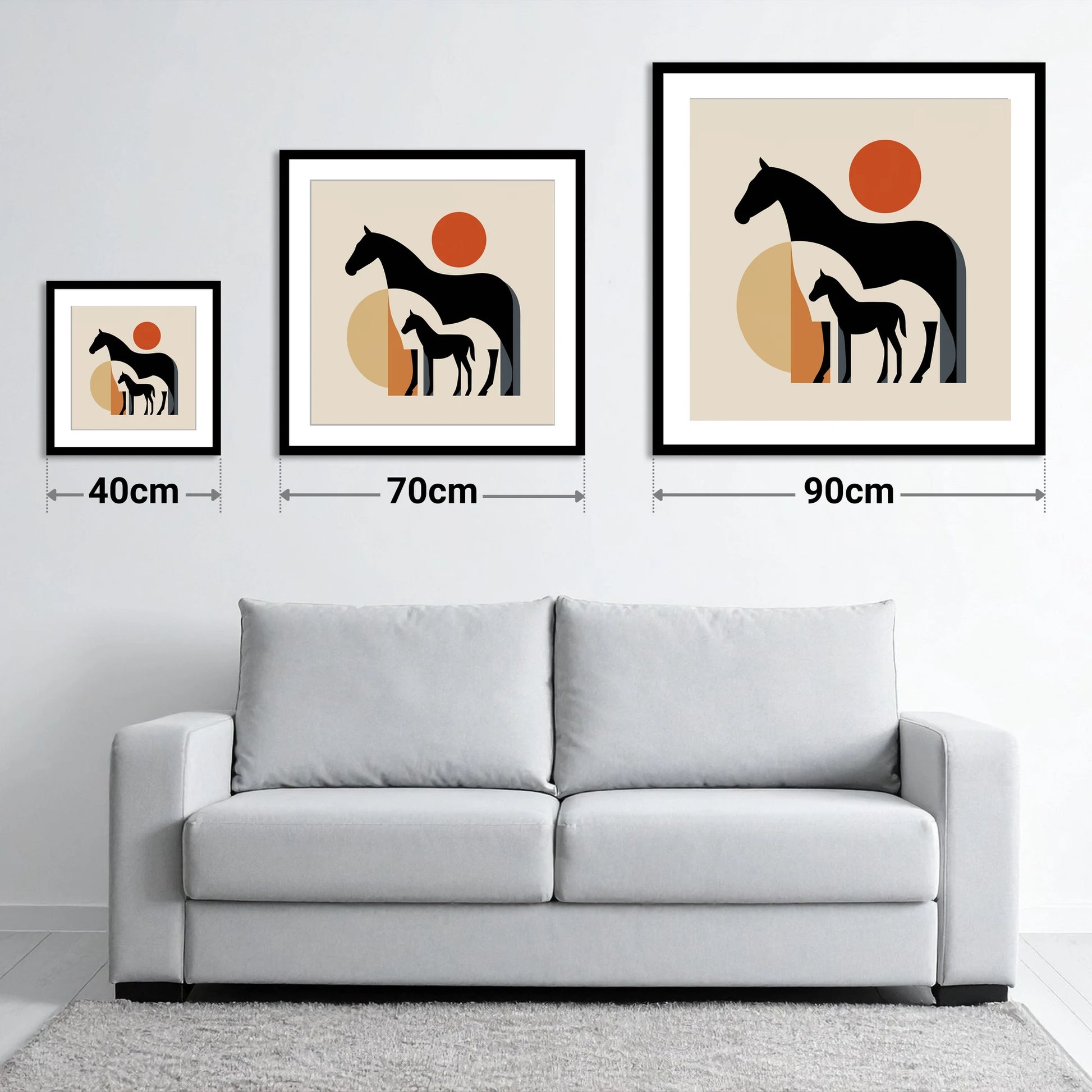Mid-Century Mare and Foal - size guide showing 40cm, 70cm and 90cm art prints