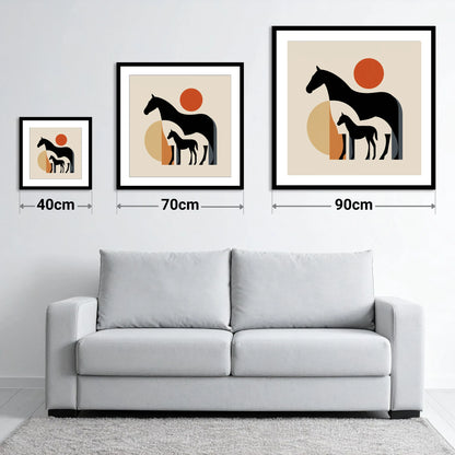 Mid-Century Mare and Foal - size guide showing 40cm, 70cm and 90cm art prints