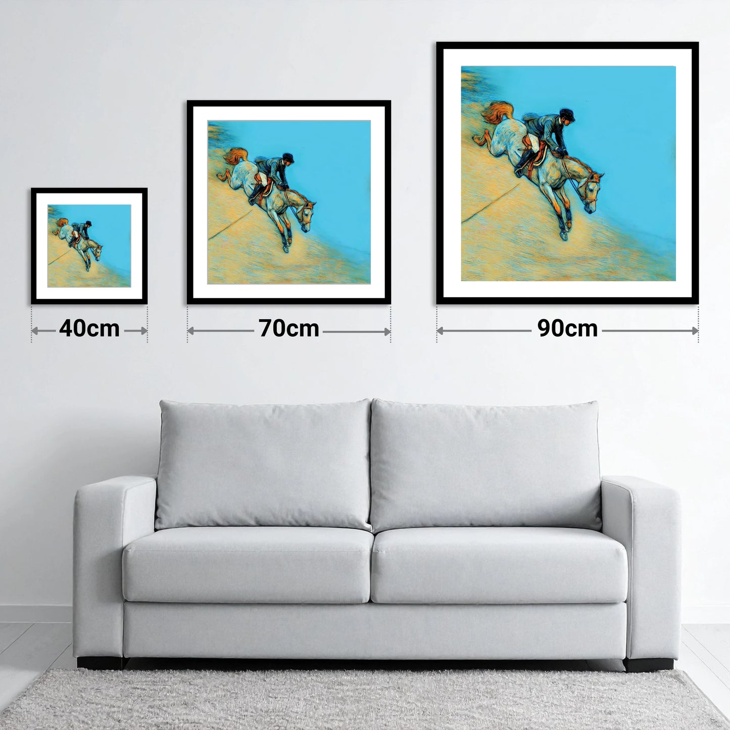 Bold Cerulean Flight - size guide showing 40cm, 70cm and 90cm art prints