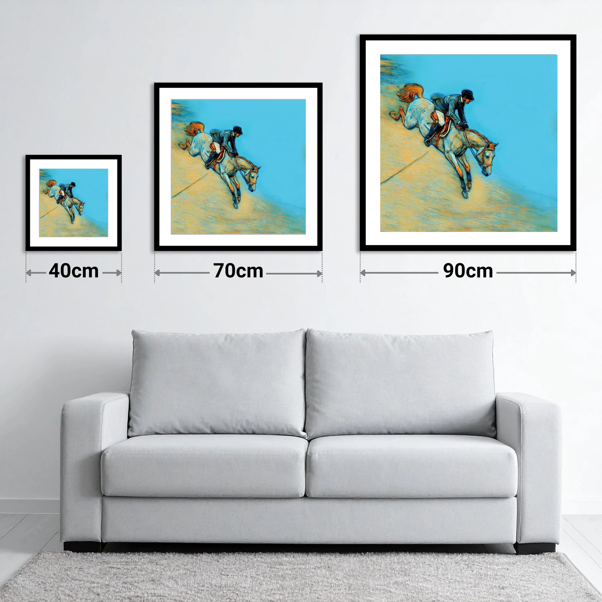 Bold Cerulean Flight - size guide showing 40cm, 70cm and 90cm art prints