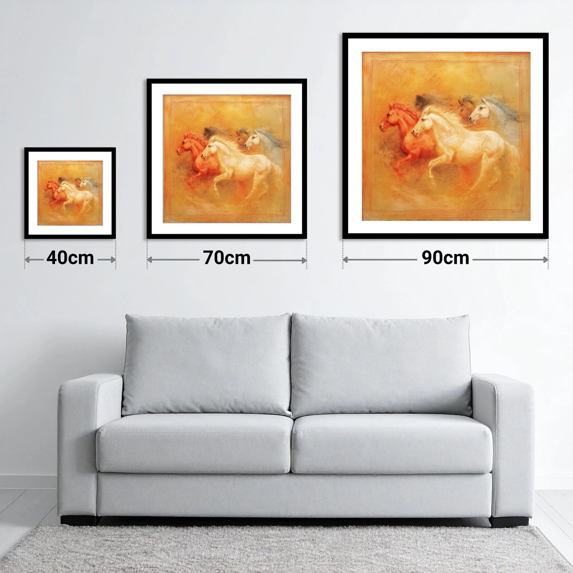 Spirited Terracotta Herd - size guide showing 40cm, 70cm and 90cm art prints