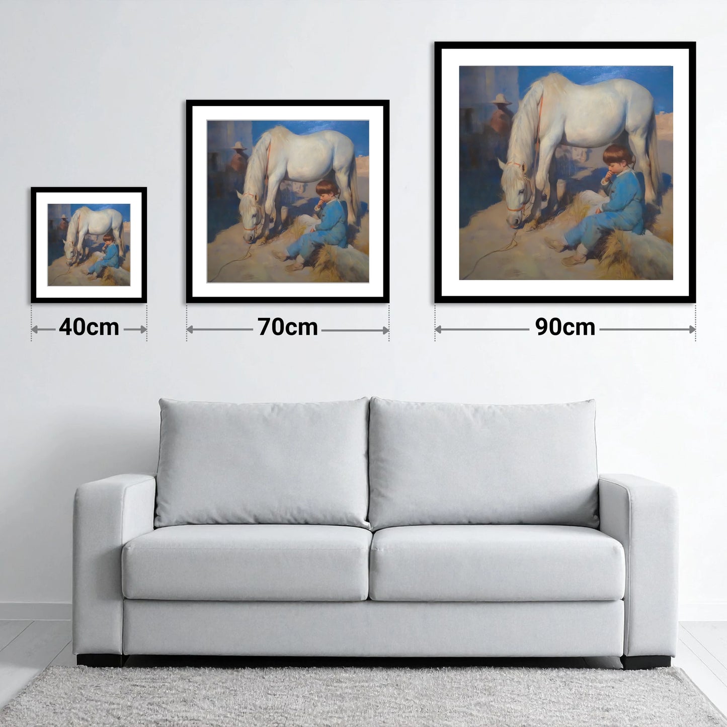 Quiet Companions - size guide showing 40cm, 70cm and 90cm art prints