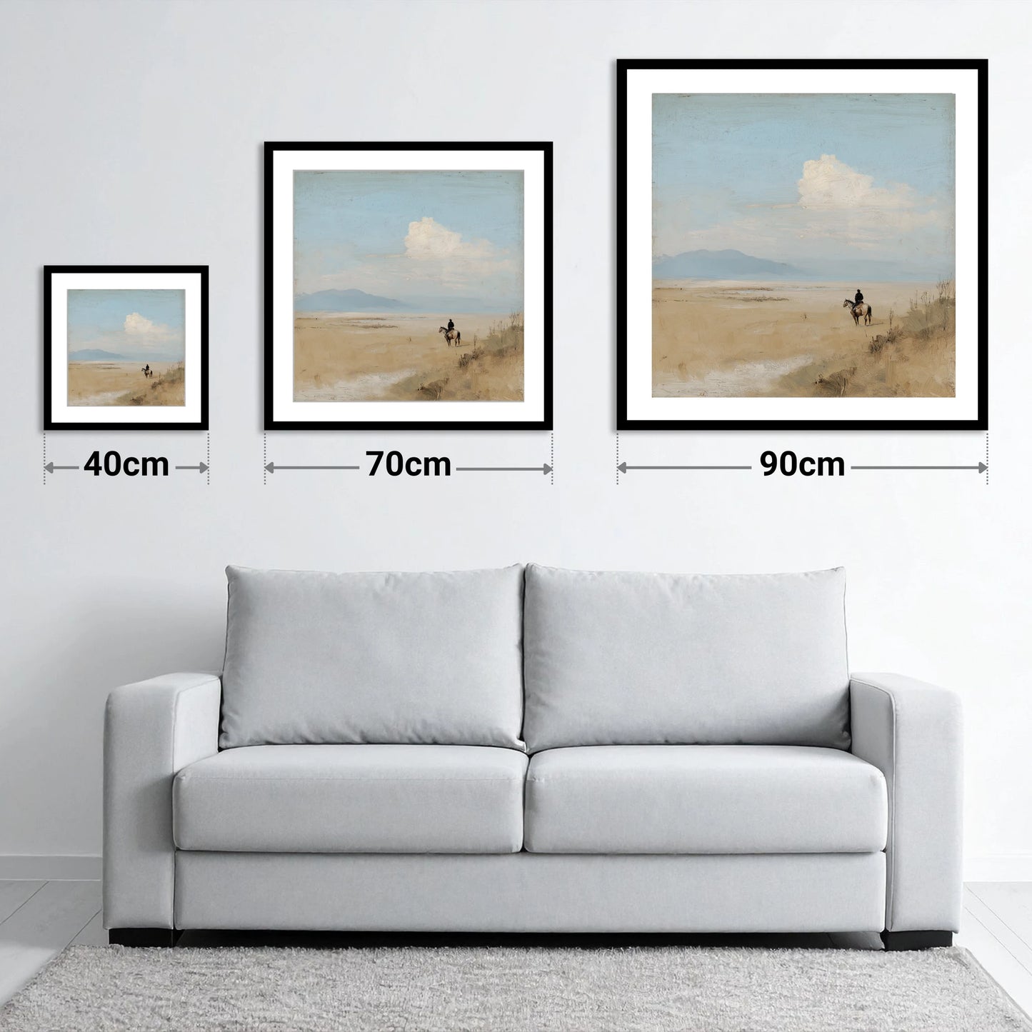 Distant Horizons - size guide showing 40cm, 70cm and 90cm art prints