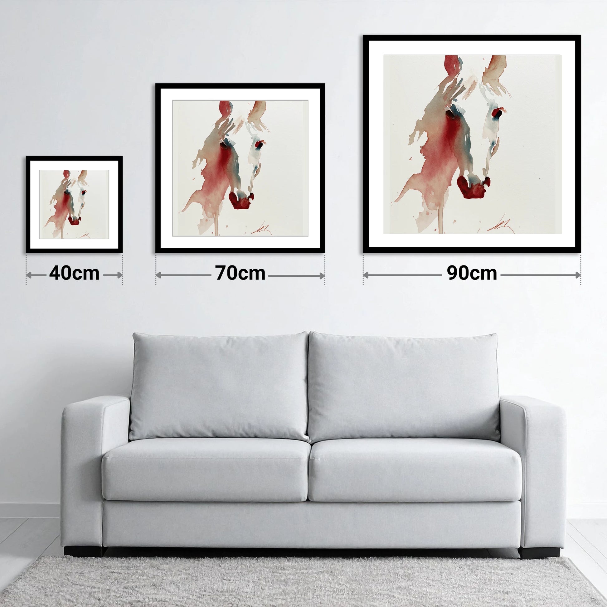 Fluid Crimson Portrait - size guide showing 40cm, 70cm and 90cm art prints