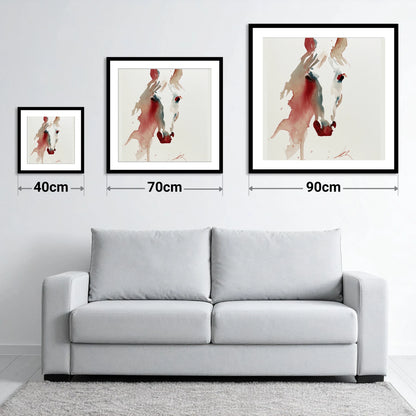 Fluid Crimson Portrait - size guide showing 40cm, 70cm and 90cm art prints