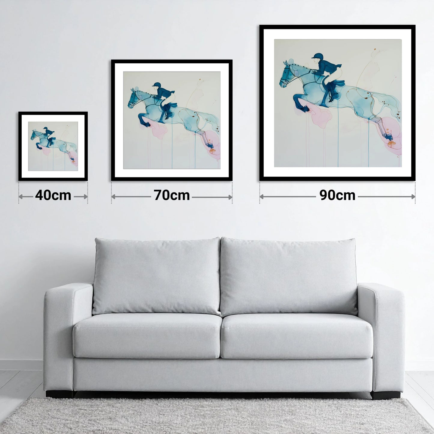 Azure Flight - size guide showing 40cm, 70cm and 90cm art prints