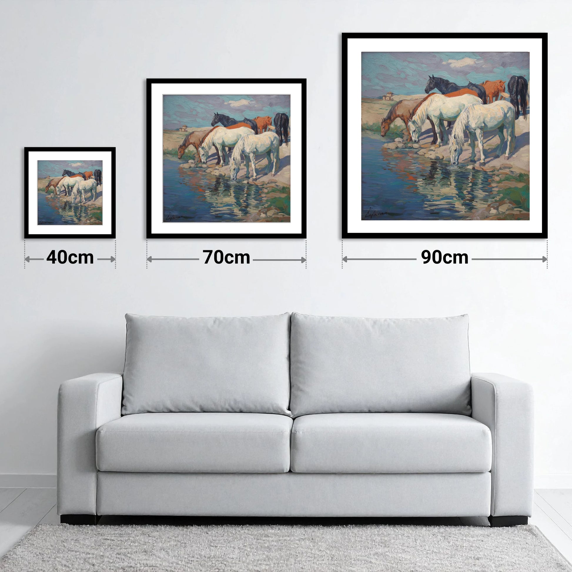 The Watering Hole - size guide showing 40cm, 70cm and 90cm art prints