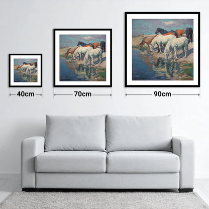The Watering Hole - size guide showing 40cm, 70cm and 90cm art prints