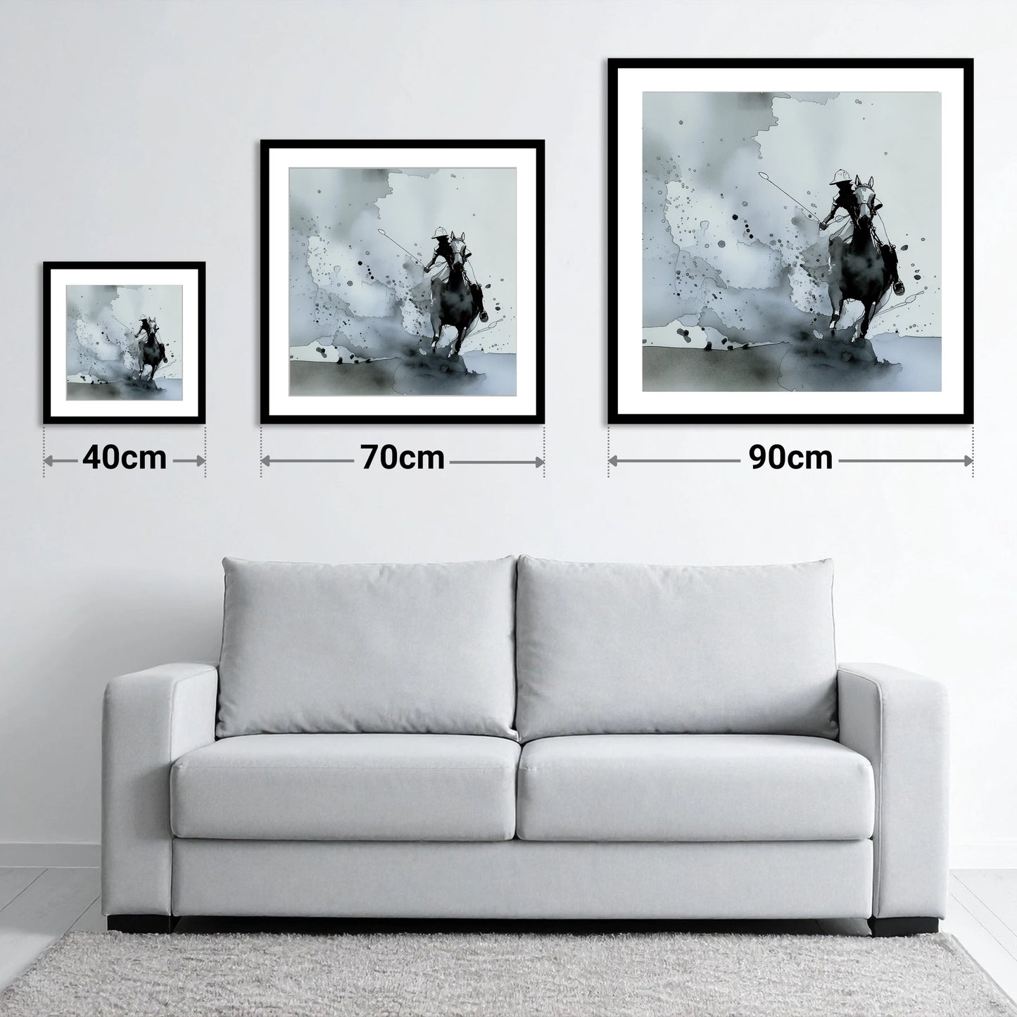 Out of the Mist - size guide showing 40cm, 70cm and 90cm art prints