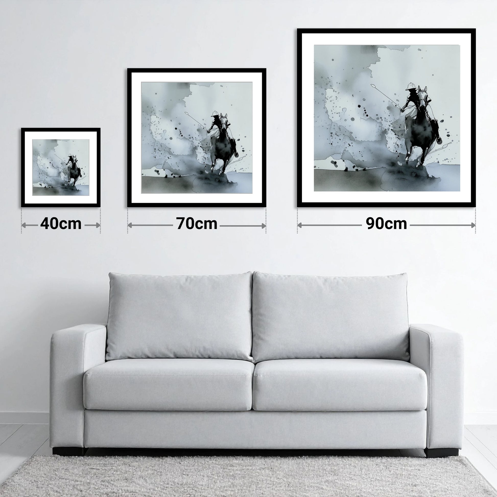 Out of the Mist - size guide showing 40cm, 70cm and 90cm art prints