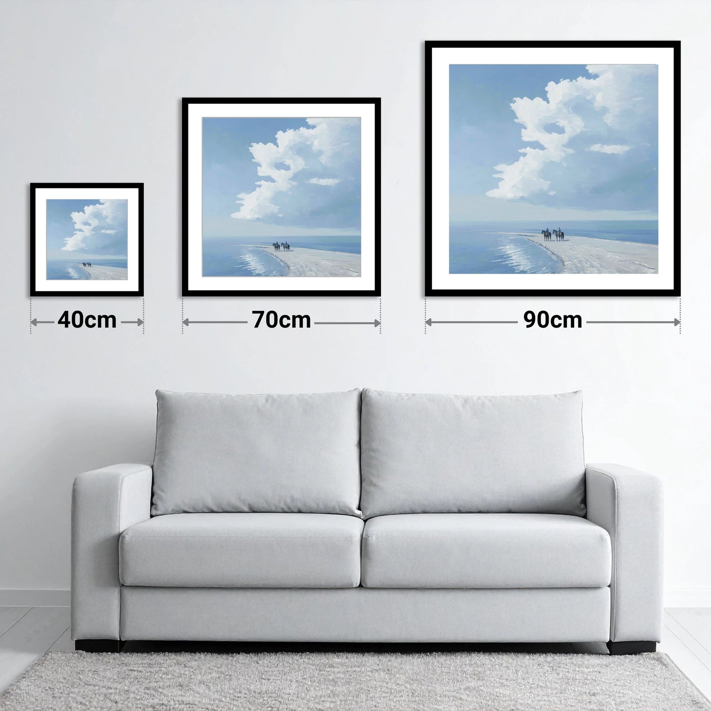 Edge of the Tide - size guide showing 40cm, 70cm and 90cm art prints