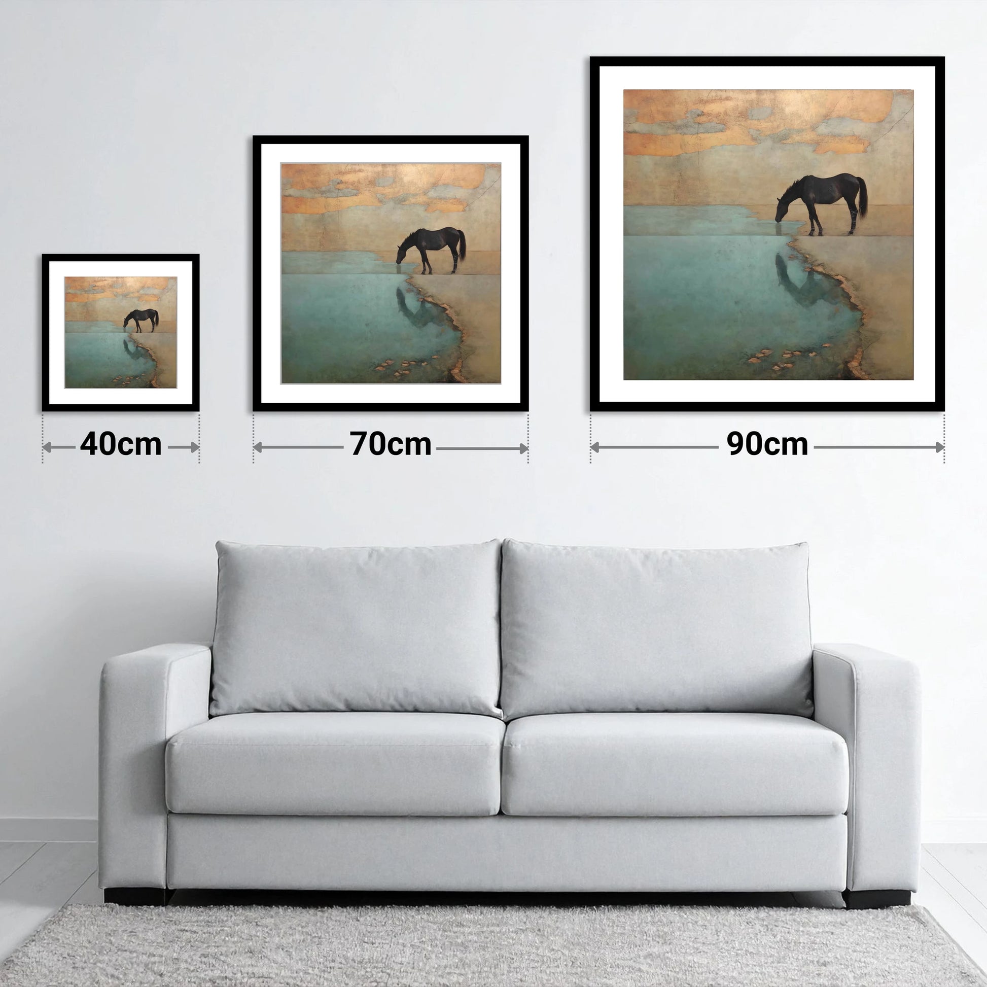 Golden Shores Reflection - size guide showing 40cm, 70cm and 90cm art prints