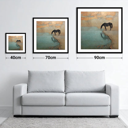 Golden Shores Reflection - size guide showing 40cm, 70cm and 90cm art prints