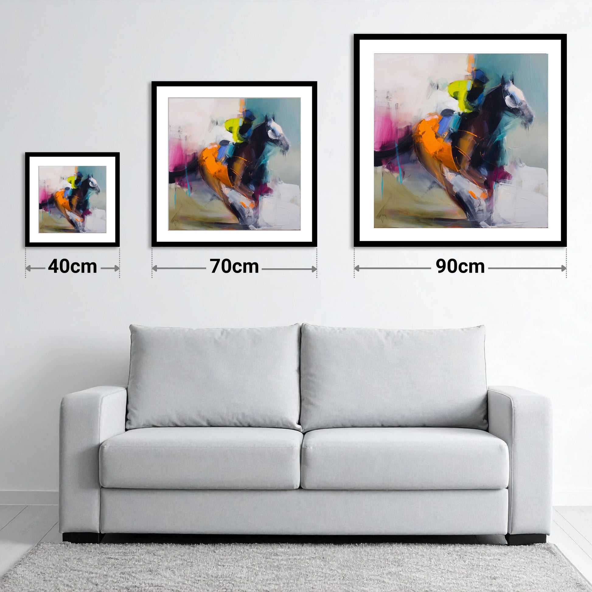 Technicolour Gallop - size guide showing 40cm, 70cm and 90cm art prints