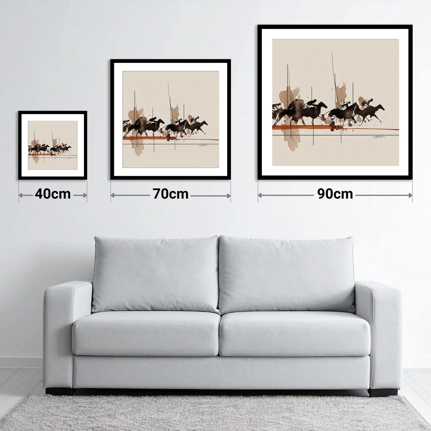 Surge to the Wire - size guide showing 40cm, 70cm and 90cm art prints
