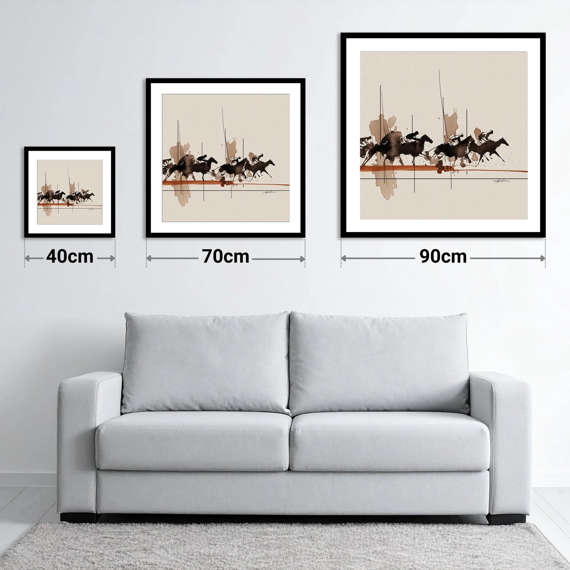 Surge to the Wire - size guide showing 40cm, 70cm and 90cm art prints