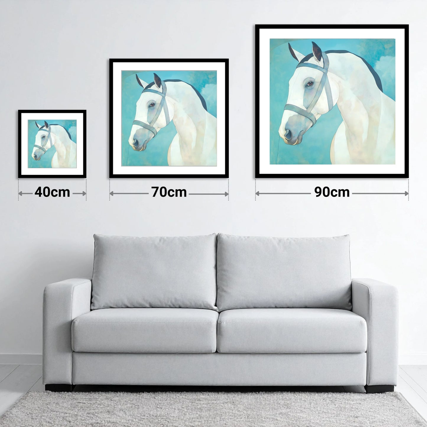 Serene Focus in Teal - size guide showing 40cm, 70cm and 90cm art prints