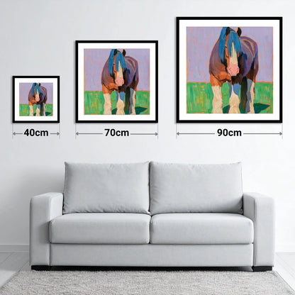 Vibrant Heavy Horse Portrait - size guide showing 40cm, 70cm and 90cm art prints