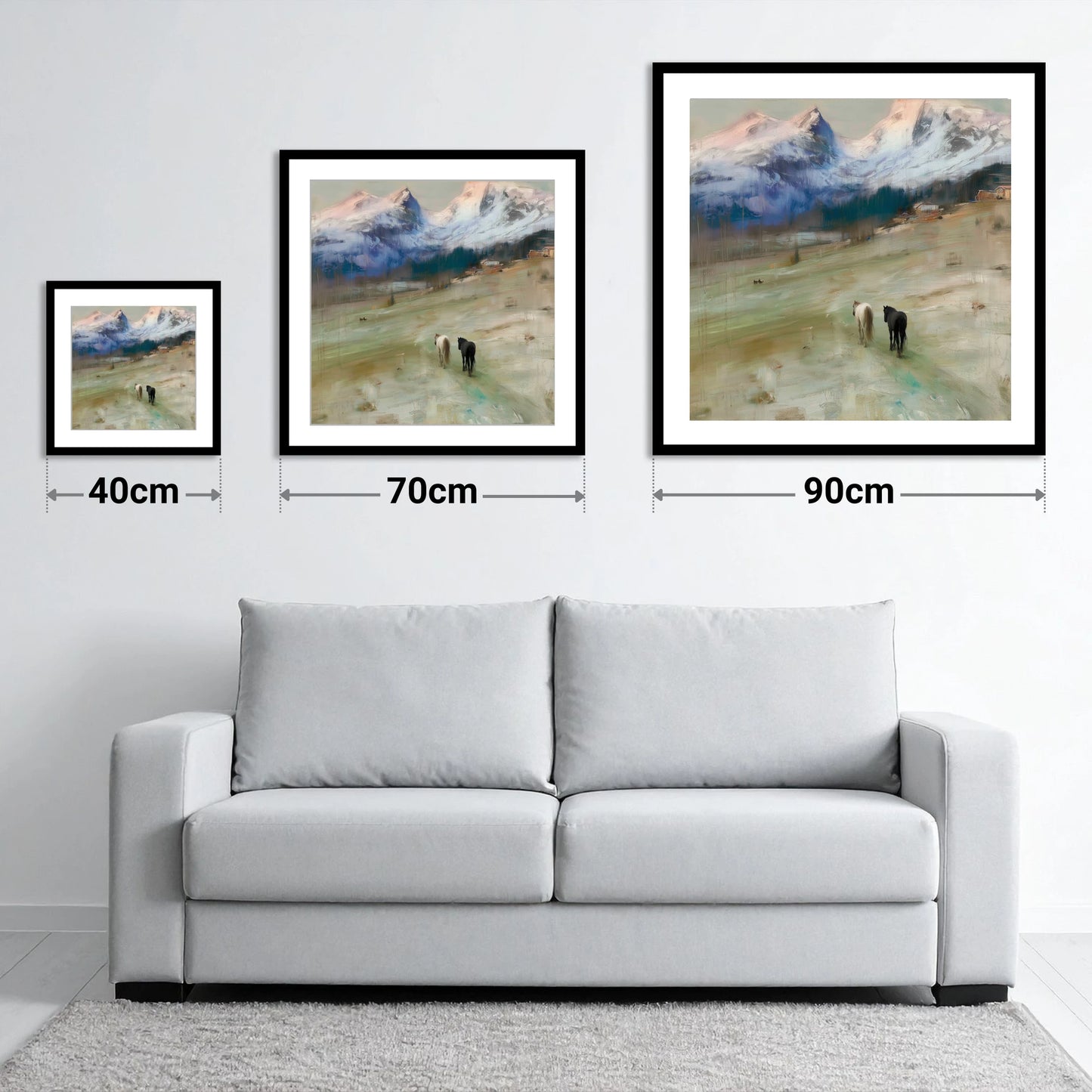 Journey to the Foothills - size guide showing 40cm, 70cm and 90cm art prints