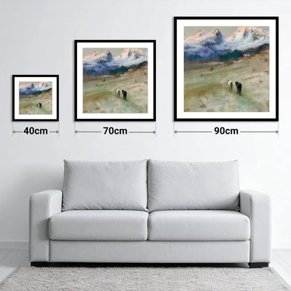 Journey to the Foothills - size guide showing 40cm, 70cm and 90cm art prints