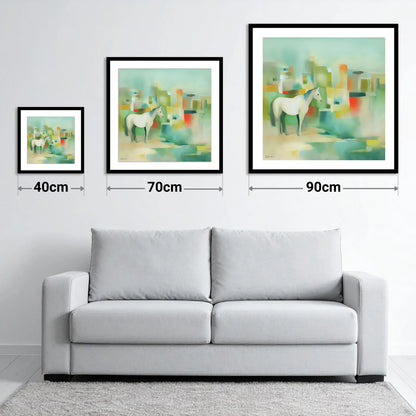 Abstract Urban Equine - size guide showing 40cm, 70cm and 90cm art prints