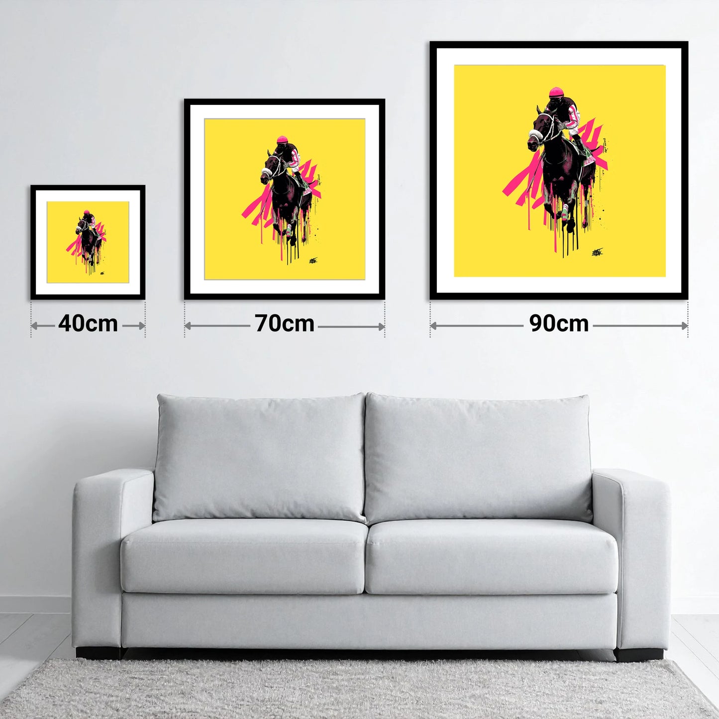 Neon Gallop - size guide showing 40cm, 70cm and 90cm art prints