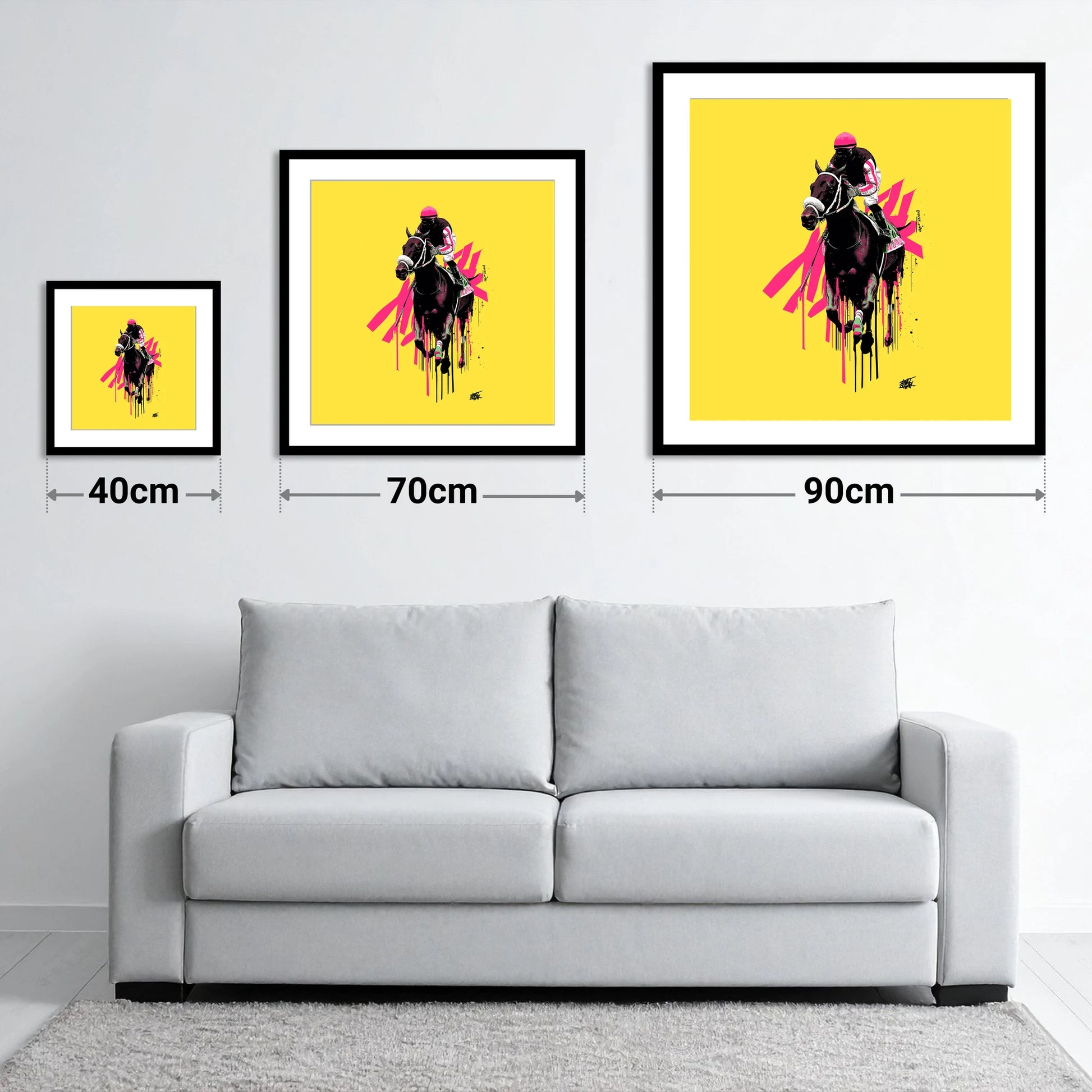 Neon Gallop - size guide showing 40cm, 70cm and 90cm art prints