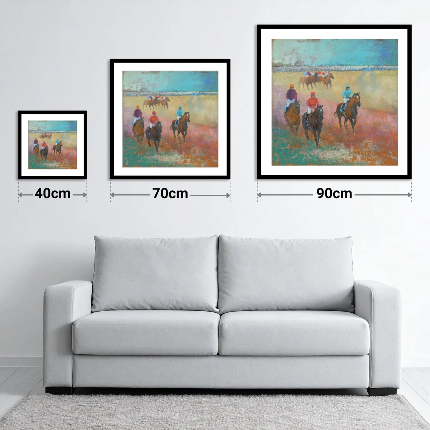 Silks Across the Furlong - size guide showing 40cm, 70cm and 90cm art prints