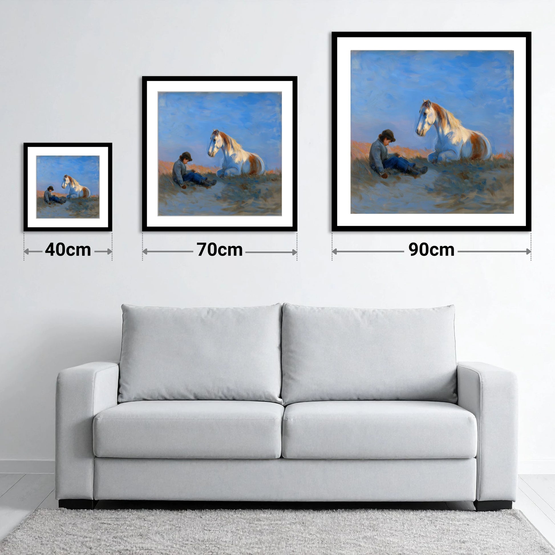 Sunlit Companions - size guide showing 40cm, 70cm and 90cm art prints