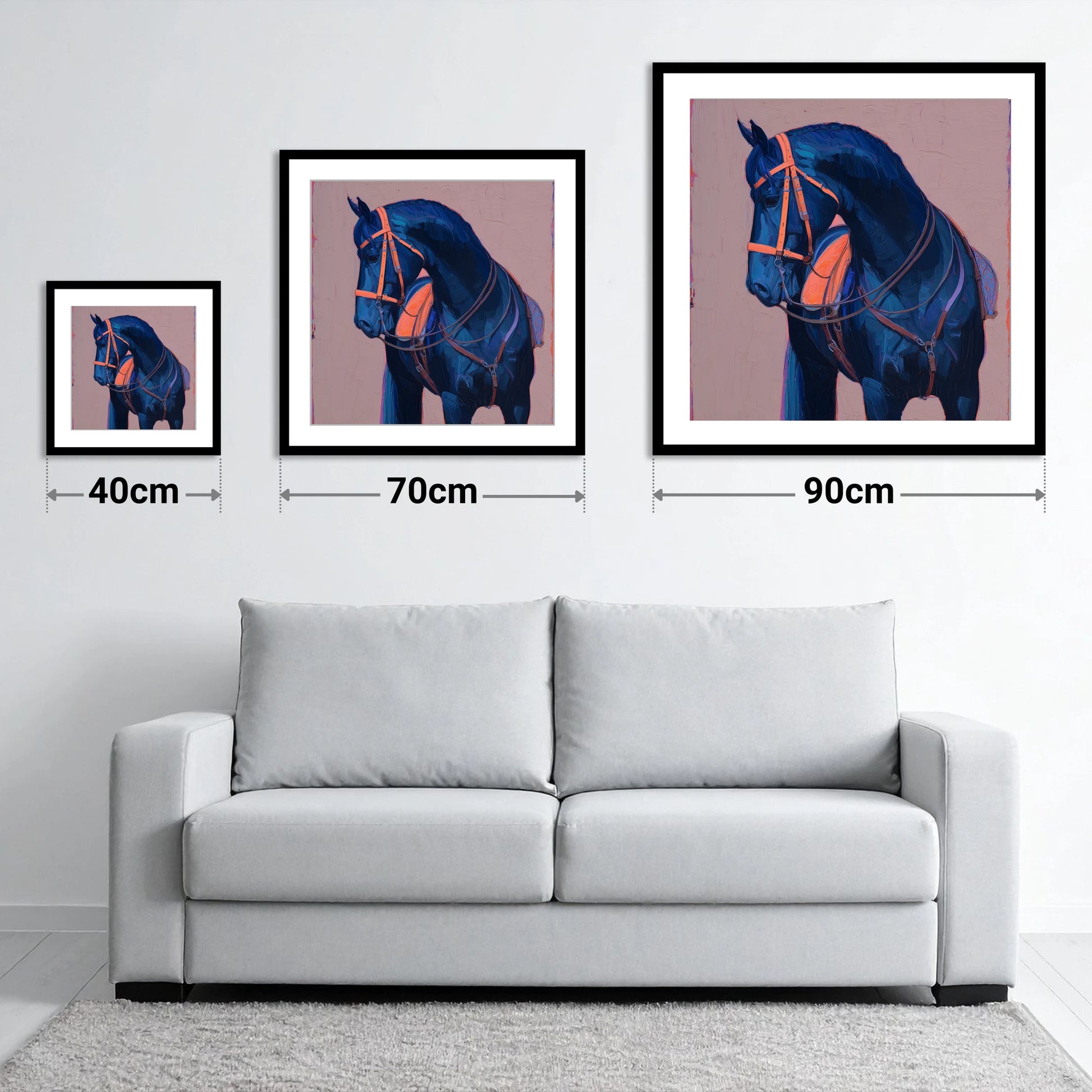 Vibrant Indigo Profile - size guide showing 40cm, 70cm and 90cm art prints