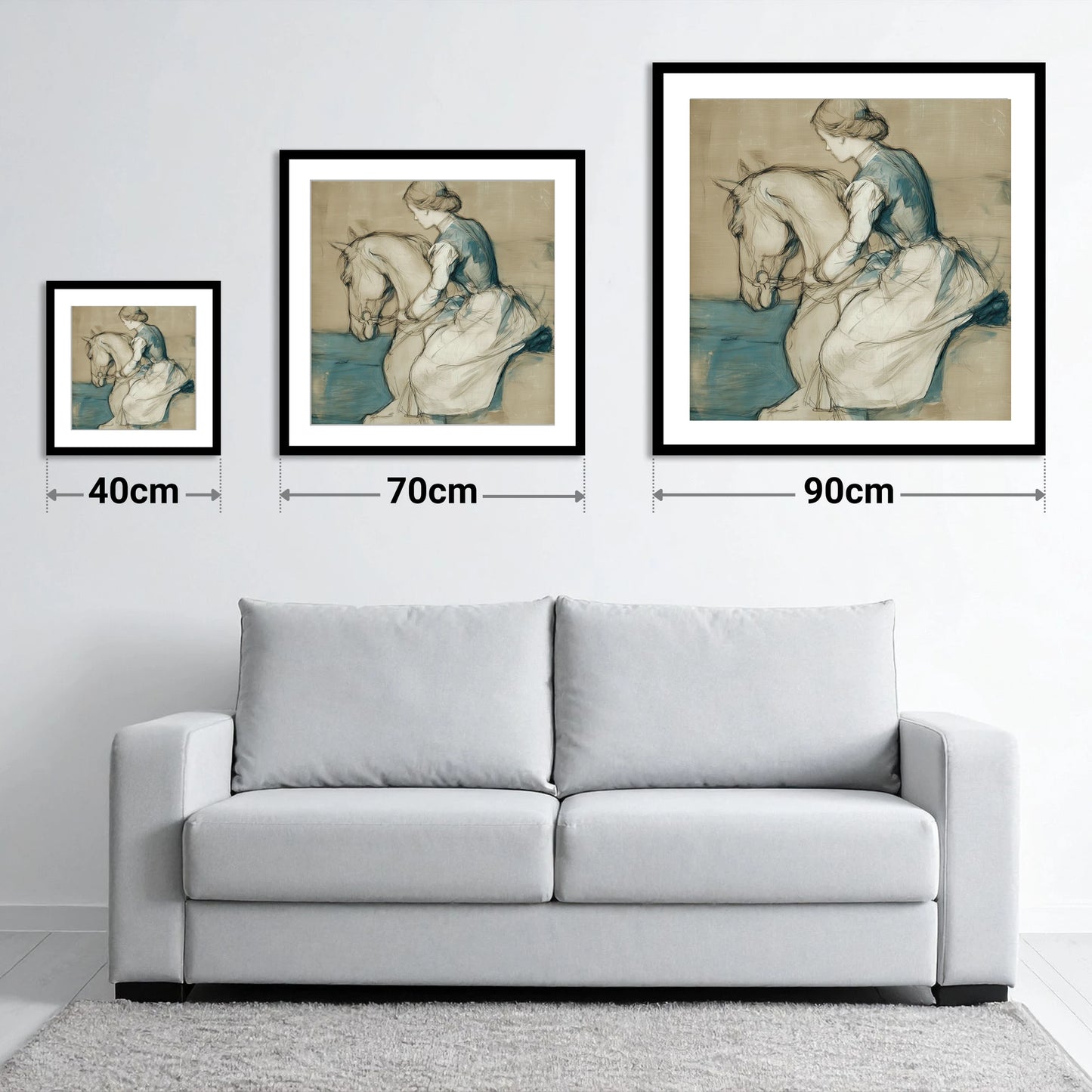 A Quiet Harmony - size guide showing 40cm, 70cm and 90cm art prints