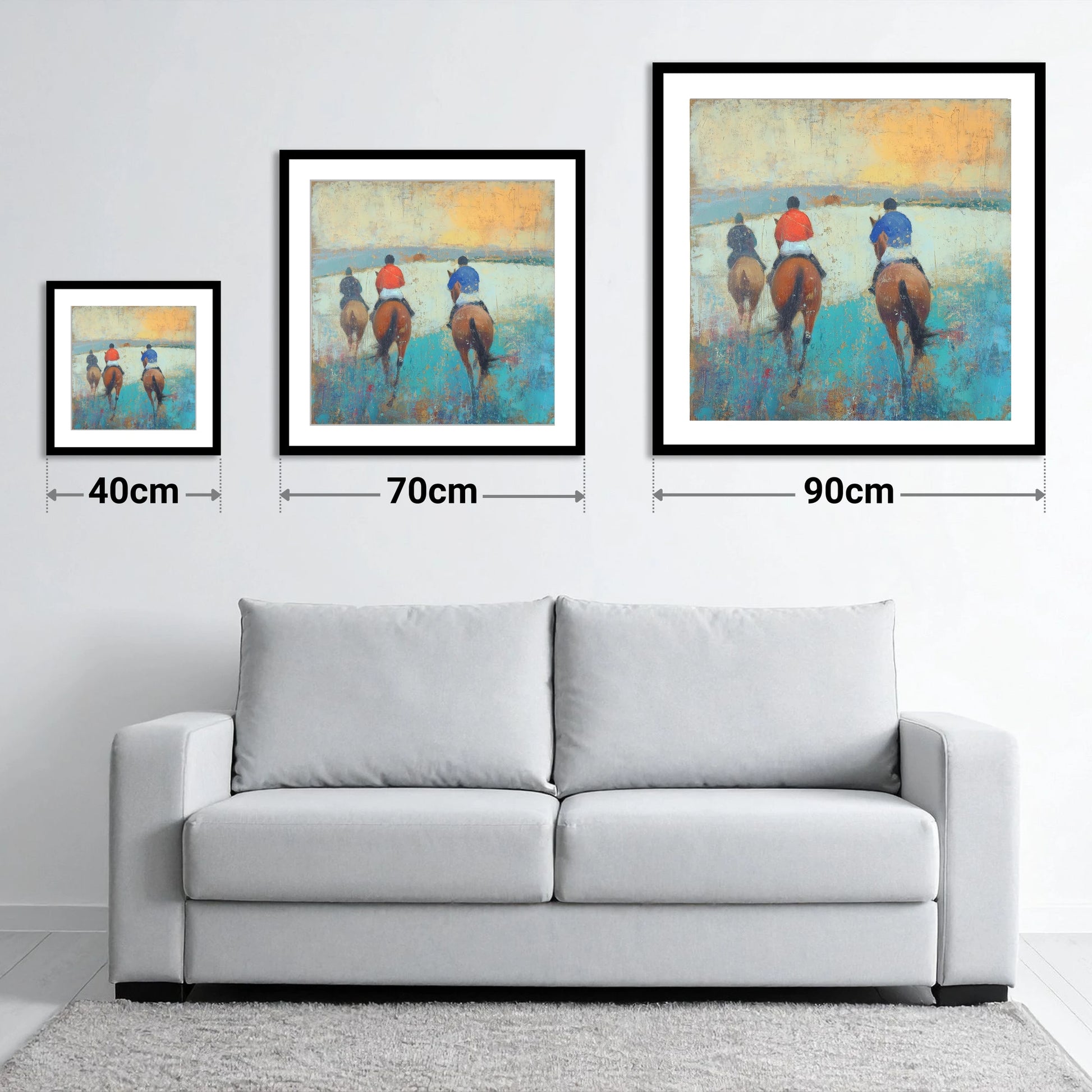 Heading to the Start - size guide showing 40cm, 70cm and 90cm art prints