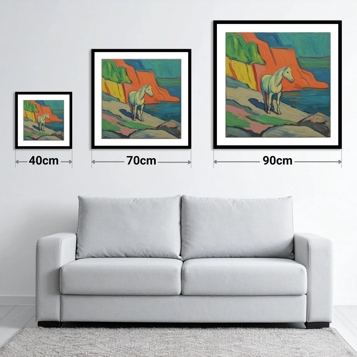 Vibrant Coastal Grey - size guide showing 40cm, 70cm and 90cm art prints