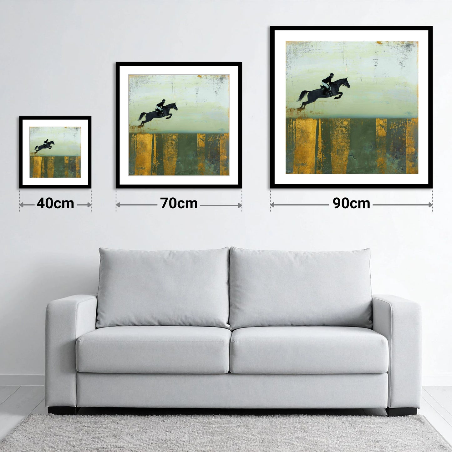 Gilded Flight - size guide showing 40cm, 70cm and 90cm art prints