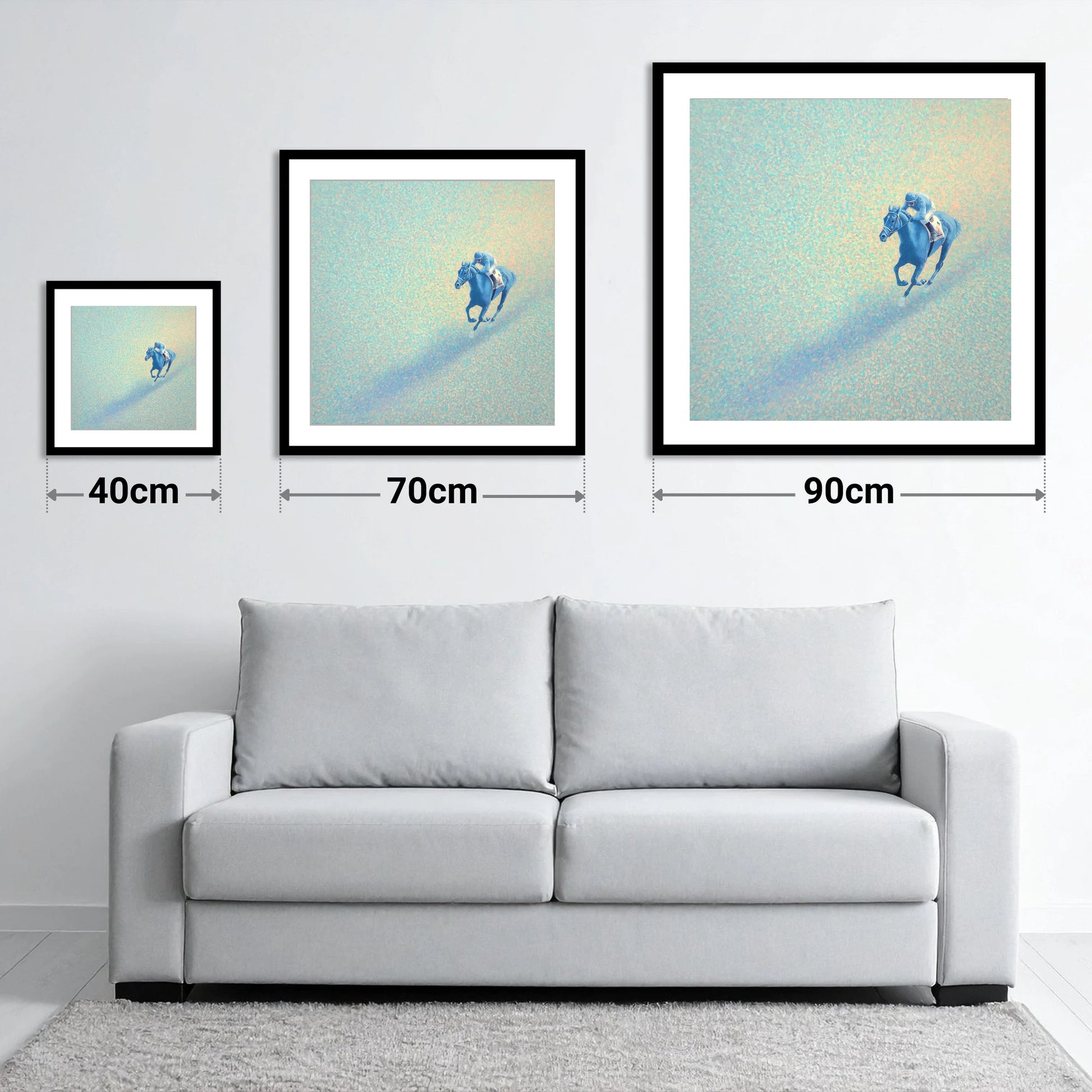 Luminous Racing Stride - size guide showing 40cm, 70cm and 90cm art prints